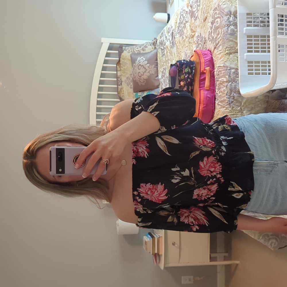 Dynamite Navy and Pink Floral Blouse
